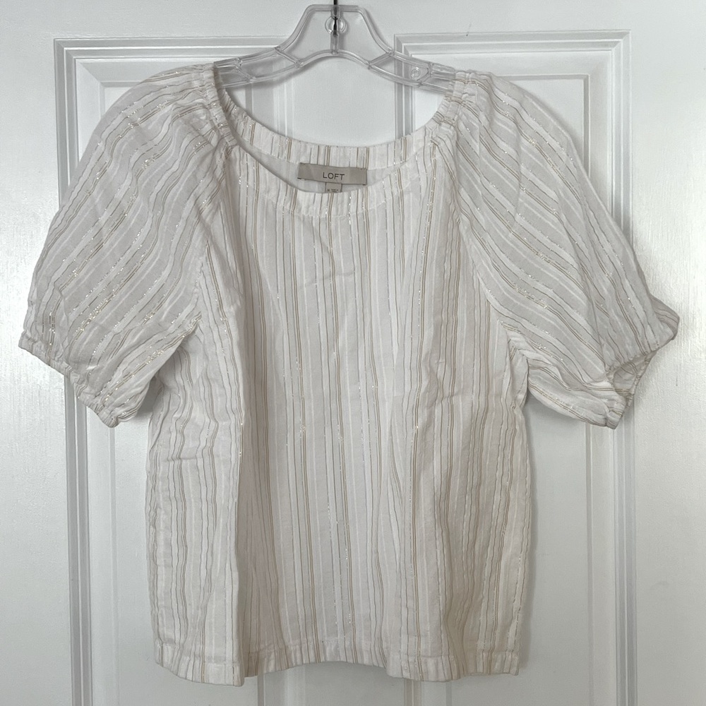 Loft cotton white blouse with metallic accent thread, size M